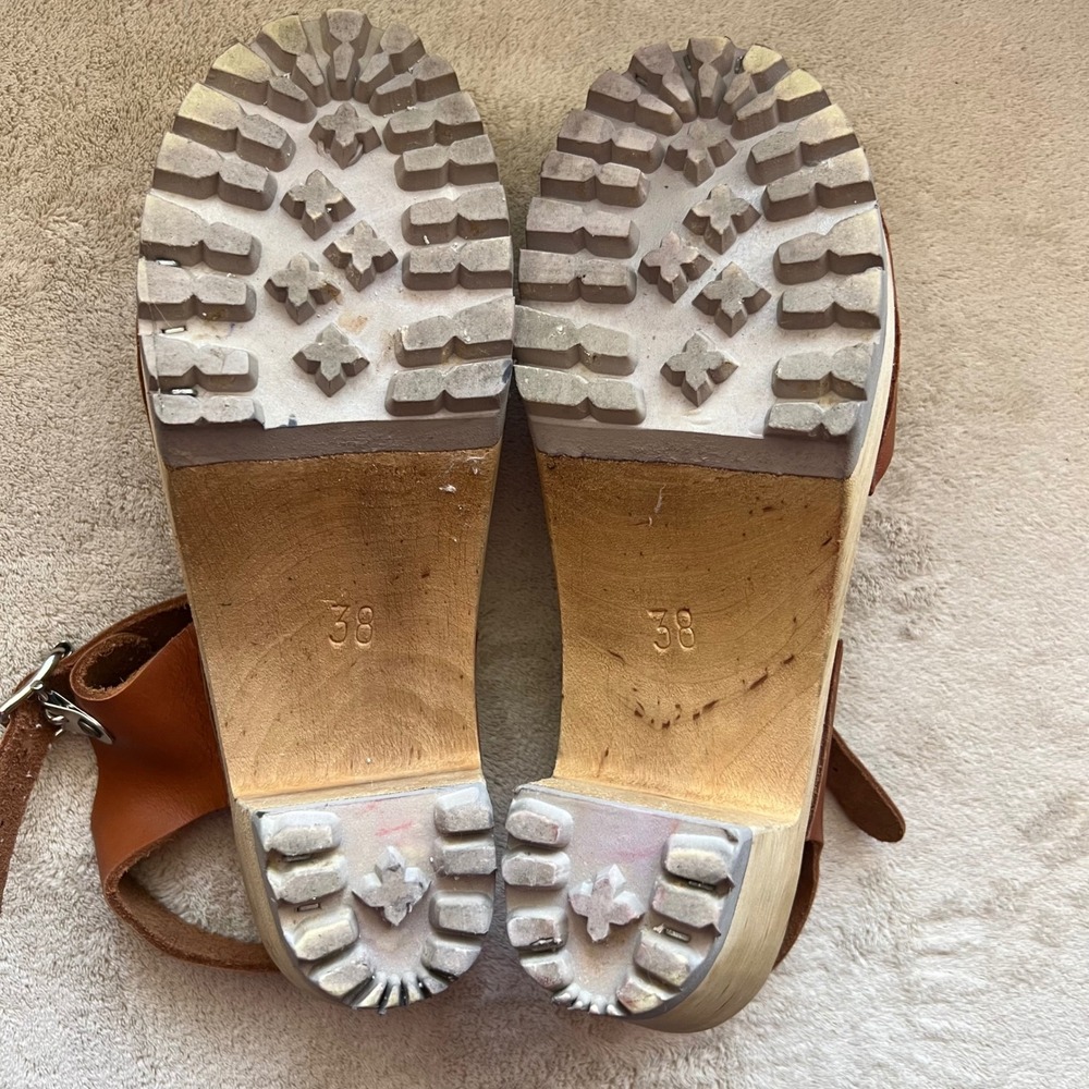 MIA Anja Women 7.5-8 EU 38 Tan Leather Clog Sandals Wooden Platform Ankle Strap - Picture 15 of 16